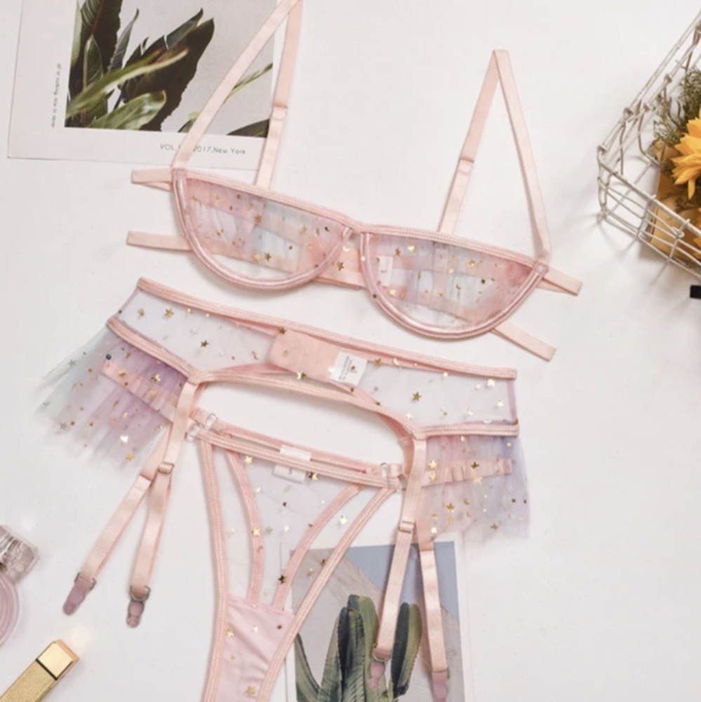 Sexy 3 Piece Pink Sheer Mesh Star Lingerie Bra Panty Garter Belt Never Worn!